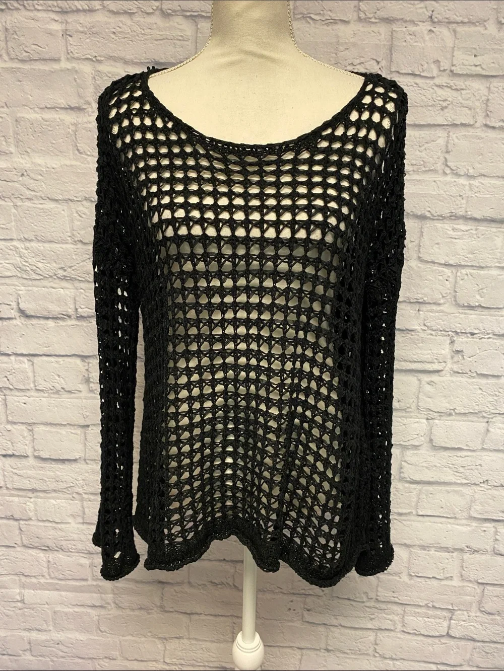 Vici Black Open-Weave Crochet Pullover Oversized Dolman Sweater Size S/M